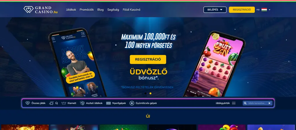 Grand Casino online kaszin&oacute; weboldal&aacute;nak nyit&oacute;k&eacute;pe &uuml;dv&ouml;zlő b&oacute;nusz aj&aacute;nlattal &eacute;s mobilon j&aacute;tszhat&oacute; nyerőg&eacute;pekkel.