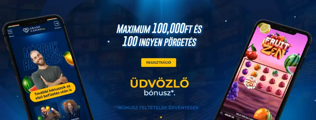 Grand Casino online kaszin&oacute; &uuml;dv&ouml;zlő b&oacute;nusz aj&aacute;nlat, mobiltelefonos prom&oacute;ci&oacute;s k&eacute;p maximum 100 000 Ft b&oacute;nuszr&oacute;l &eacute;s 100 ingyen p&ouml;rget&eacute;sről