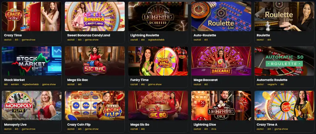Vegashu online &eacute;lő kaszin&oacute; j&aacute;t&eacute;kok, &eacute;lő oszt&oacute;s asztali j&aacute;t&eacute;kok, rulett, baccarat &eacute;s n&eacute;pszerű game show műsorok a Vegas.hu k&iacute;n&aacute;lat&aacute;ban.