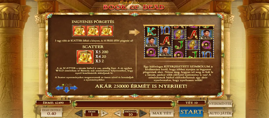 Book of Dead scatter szimbólum, ingyenes pörgetések és bónusz funkciók a Play’n GO nyerőgépben