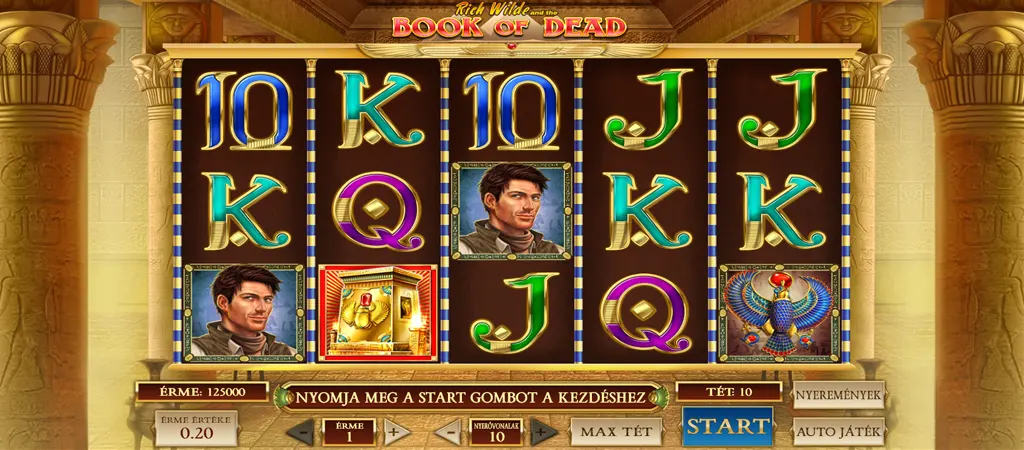 Book of Dead nyerőgép játékmenet, Play’n GO slot pörgetések Rich Wilde főhőssel és egyiptomi szimbólumokkal