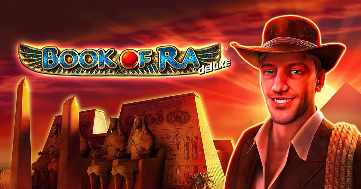 Book of Ra Deluxe online nyerőgép, Novomatic ikonikus egyiptomi slot borítókép főhőssel
