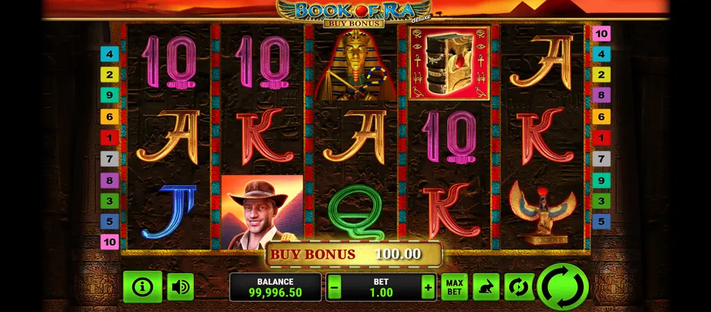 Book of Ra Deluxe nyerőgép játékmenet, Novomatic klasszikus egyiptomi témájú slot képernyőképe
