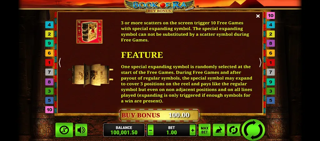 Book of Ra Deluxe scatter szimbólum, ingyenes pörgetések és speciális bónusz funkciók a Novomatic slotban