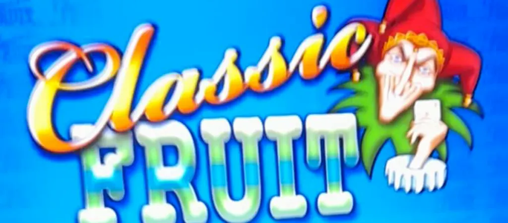 Classic Fruit Poker régi nyerőgép logója, bohóc grafikával és gyümölcs szimbólumokkal