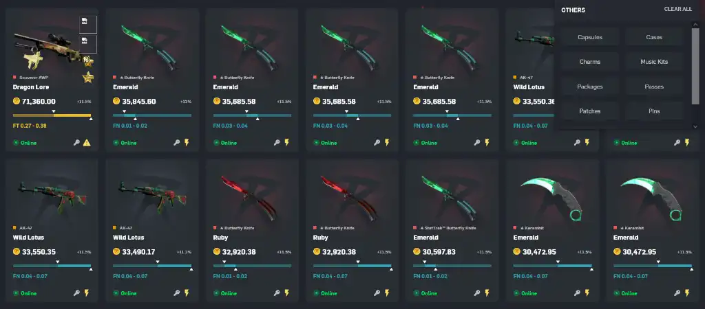 CSGO skin szerencsejáték oldal, ritka kés, Dragon Lore és egyéb skinek