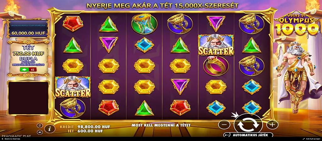 Gates of Olympus 1000 Pragmatic Play nyerőgép játék közben szorzókkal és scatter szimbólummal
