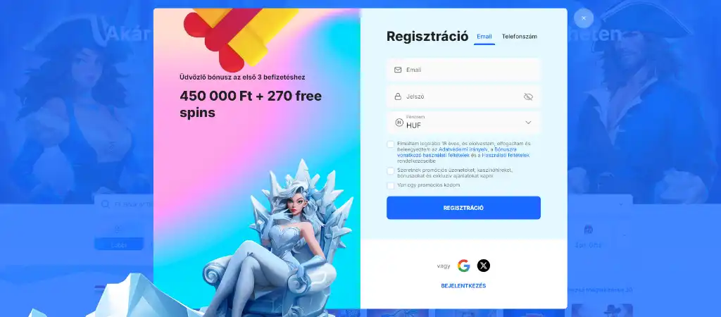 Ice Casino regisztrációs felület 450 000 Ft bónusz ajánlattal és 270 ingyenes pörgetéssel magyar játékosoknak