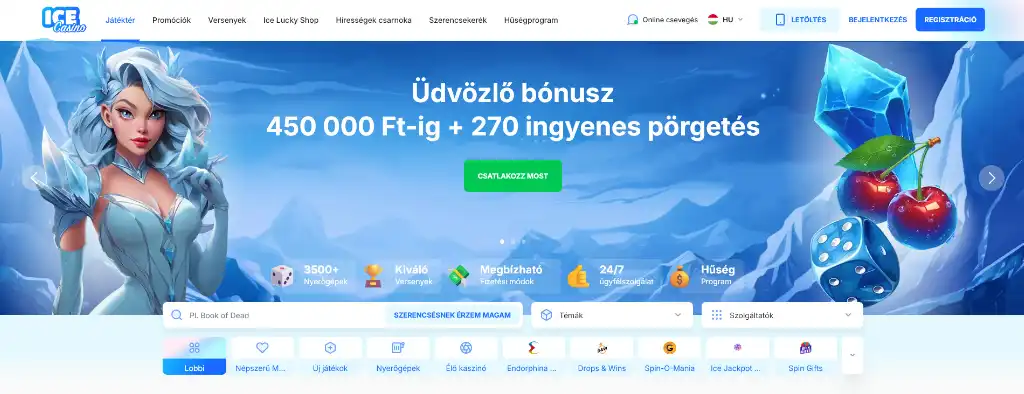 Ice Casino üdvözlő bónusz ajánlat, akár 450 000 Ft és 270 ingyenes pörgetés magyar játékosoknak