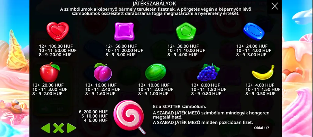 Sweet Bonanza online nyerőgép szimbólumok és kifizetési táblázat
