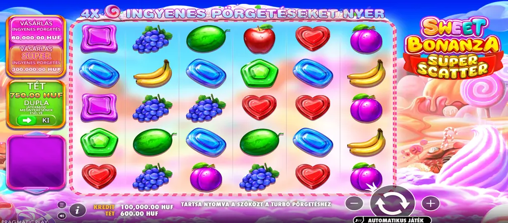 Sweet Bonanza Super Scatter nyerőgép játékmenet Pragmatic Play online kaszinó játékból