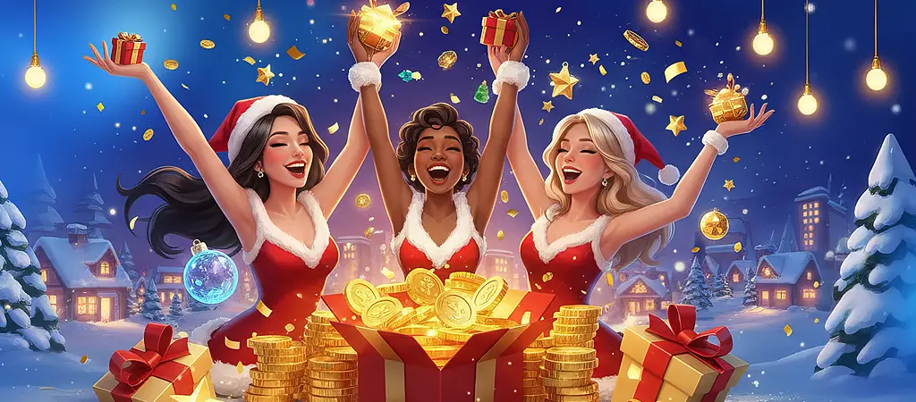 Karácsonyi online kaszinó bónusz ajánlatokat illusztráló, ünnepi hangulatú illusztráció ünneplő szereplőkkel, ajándékdobozokkal és aranyérmékkel