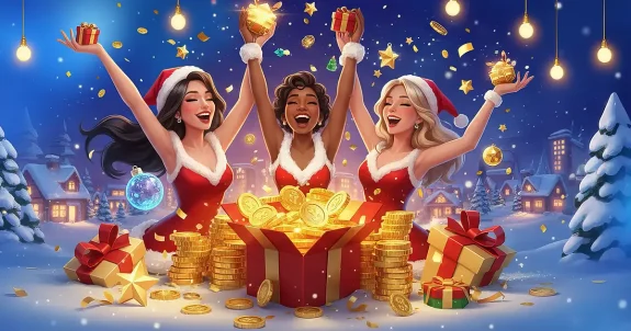 Téli környezetben készült karácsonyi online kaszinó bónuszokat illusztráló promóciós grafika karácsonyi öltözetű karakterekkel és nyereményeket jelképező elemekkel