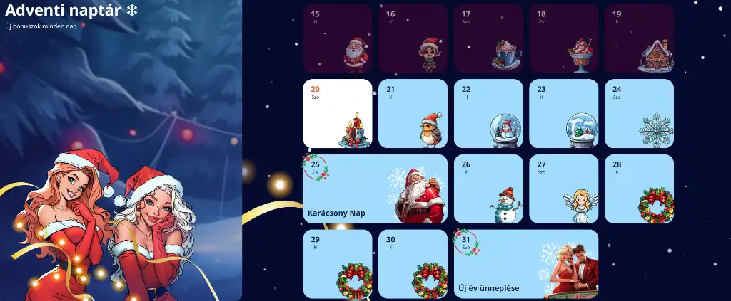 Vulkan Vegas online kaszinó adventi naptár felülete karácsonyi grafikákkal és napi bónuszmezőkkel