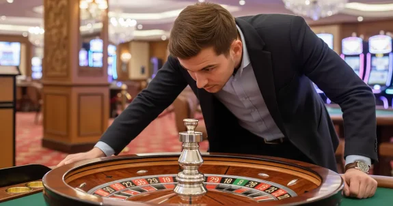 Feszült figyelemmel játszó férfi a rulettasztalnál kaszinóban, amely jól kifejezi a rulett stratégia tudatos, megfontolt megközelítését és a döntések súlyát